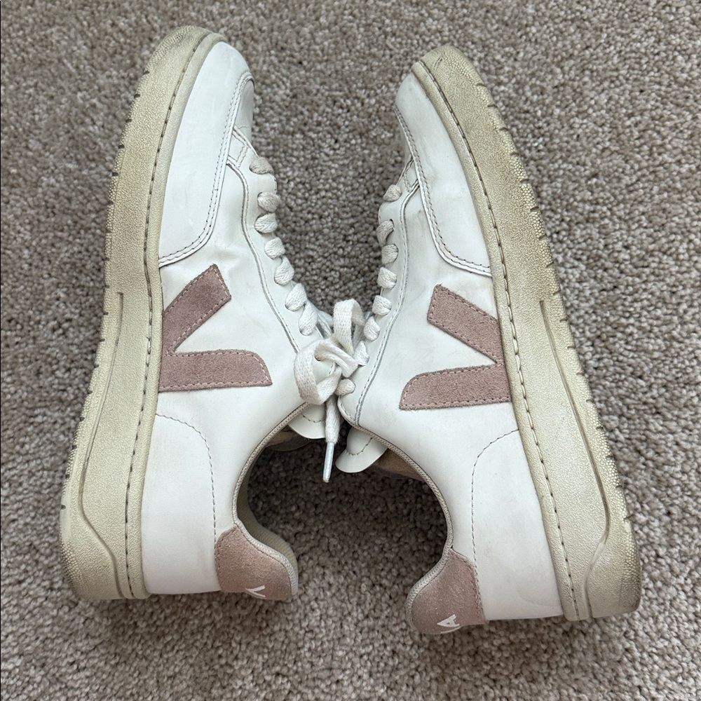 Veja V-12 Leather Suede White Sneakers in Babe Pink - Picture 5 of 10